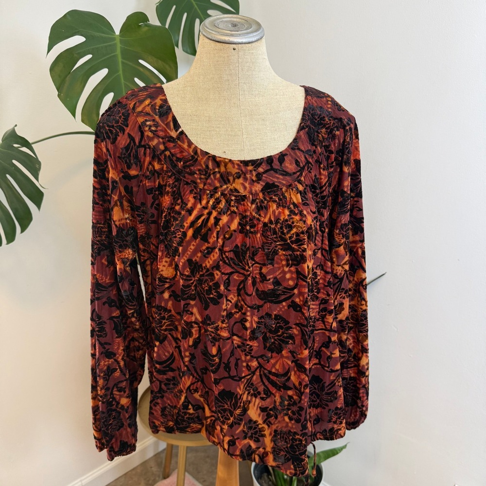 Chicos Burnout Velvet‎ Floral Print Long Sleeve Top Orange Rust Black Size 0